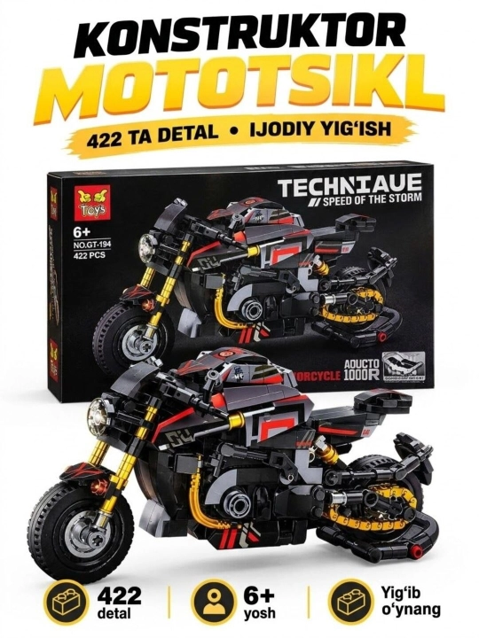 Mototsikl konstruktori Technic — 422 ta detal, yig‘iladigan sport mototsikli modeli, 6+