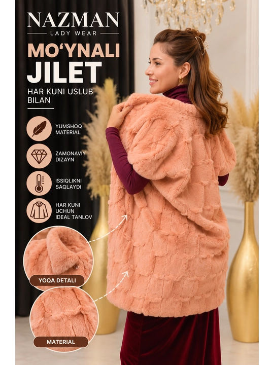 Ayollar uchun uzun eko mo‘ynali nimcha NAZMAN Textile, ilgakli