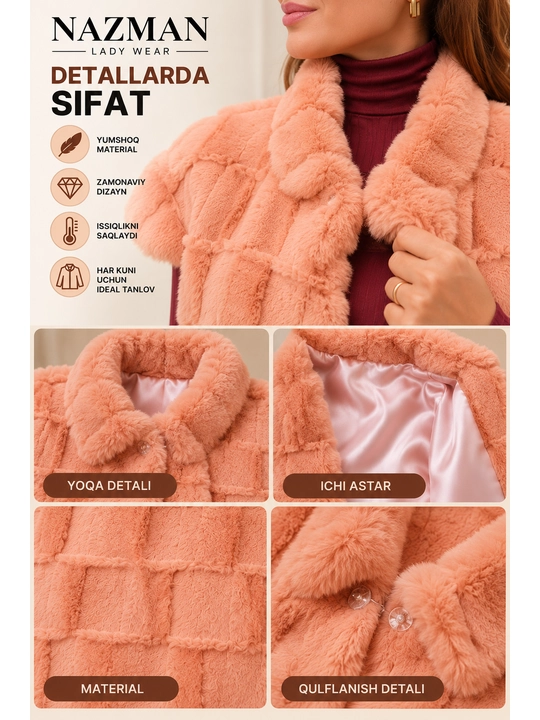 Ayollar uchun uzun eko mo‘ynali nimcha NAZMAN Textile, ilgakli