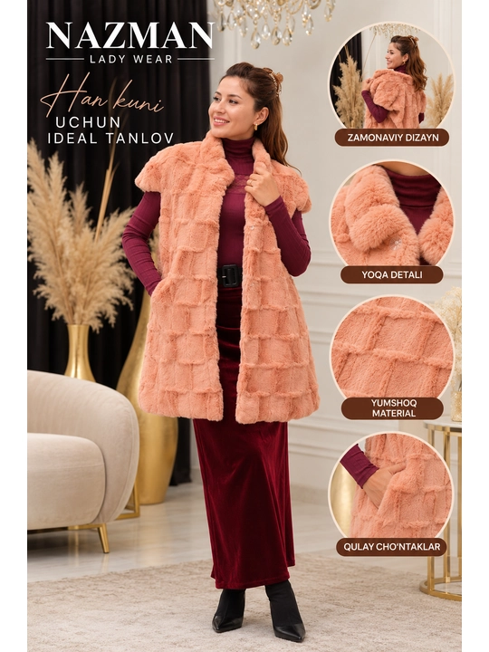 Ayollar uchun uzun eko mo‘ynali nimcha NAZMAN Textile, ilgakli