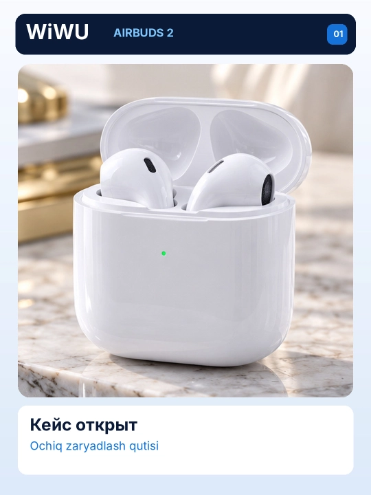 WiWU Airbuds 2 simsiz quloqchin, TWS Bluetooth, Type-C zaryadli, oq