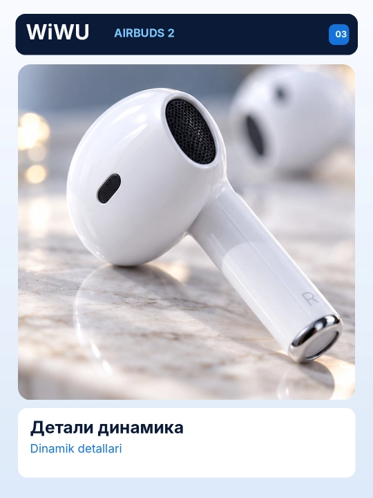 WiWU Airbuds 2 simsiz quloqchin, TWS Bluetooth, Type-C zaryadli, oq