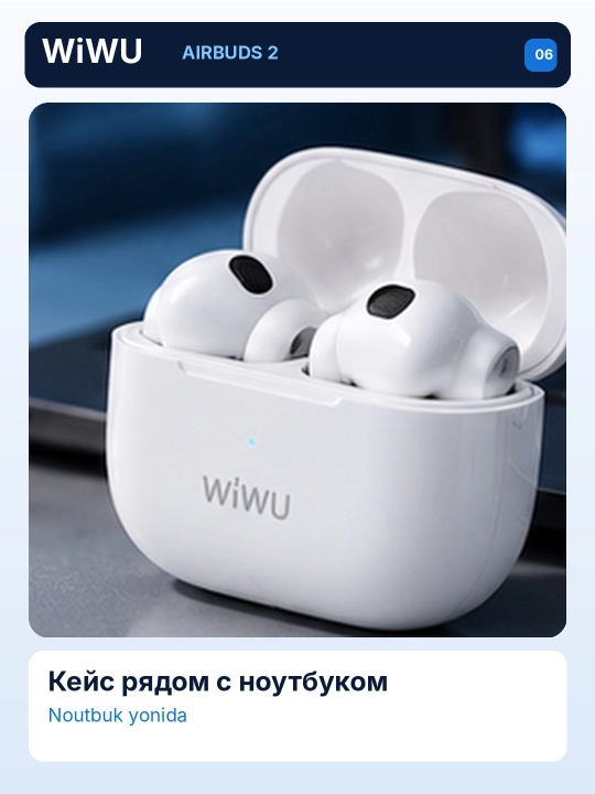 WiWU Airbuds 2 simsiz quloqchin, TWS Bluetooth, Type-C zaryadli, oq