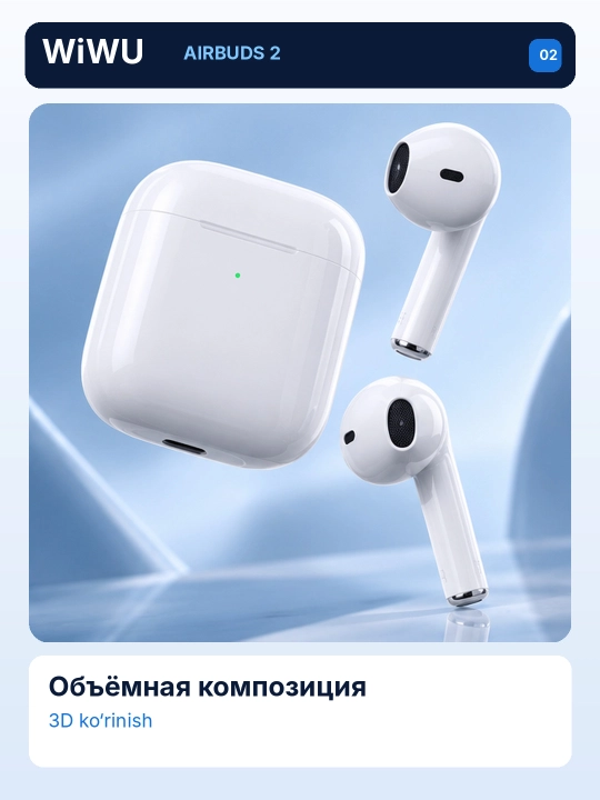 WiWU Airbuds 2 simsiz quloqchin, TWS Bluetooth, Type-C zaryadli, oq