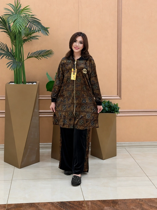 Женский костюм двойка из бамбука, удлинённая туника и брюки, Free size 48–58