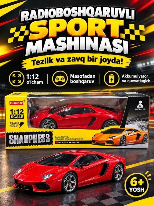 RUSH FIRE radioboshqaruvli sport avtomobili, 1:12 masshtab, qizil rang, akkumulyator - 
