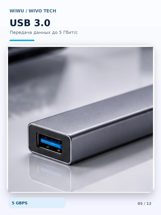 USB-хаб WiWU Zolo Wi-HB003 5-в-1, USB-C/USB-A, USB 3.0, SD/TF, серый