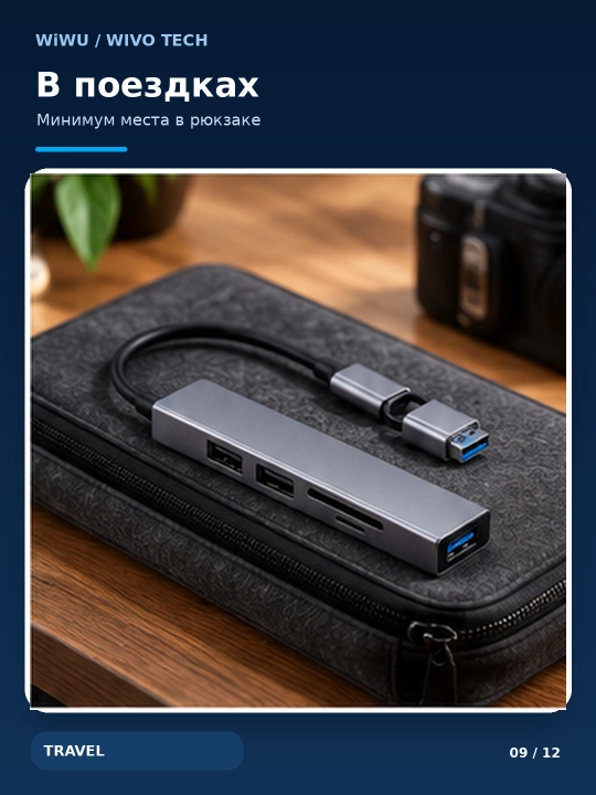 USB-хаб WiWU Zolo Wi-HB003 5-в-1, USB-C/USB-A, USB 3.0, SD/TF, серый
