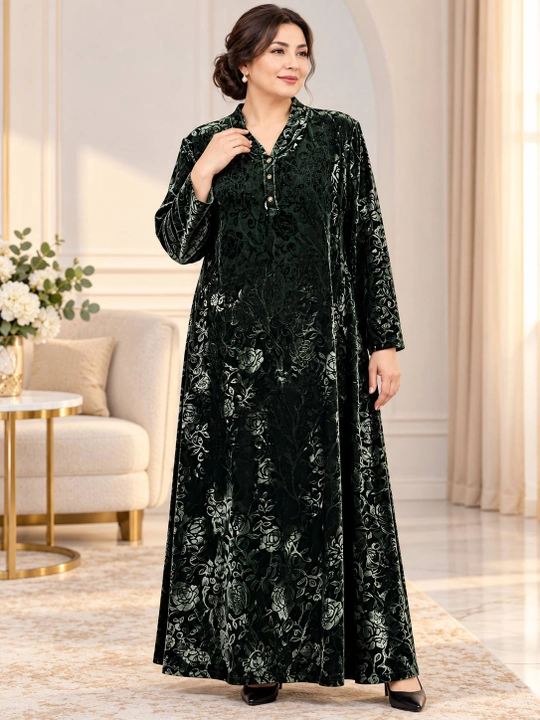 Ayollar uchun uzun velyur ko‘ylak – gulli naqshli, nafis va bayramona model - 
