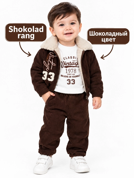 O‘g‘il bolalar uchun 3 qismli issiq velvet kostyum: kurtka, svitshot va shim, 1 – 2 yosh