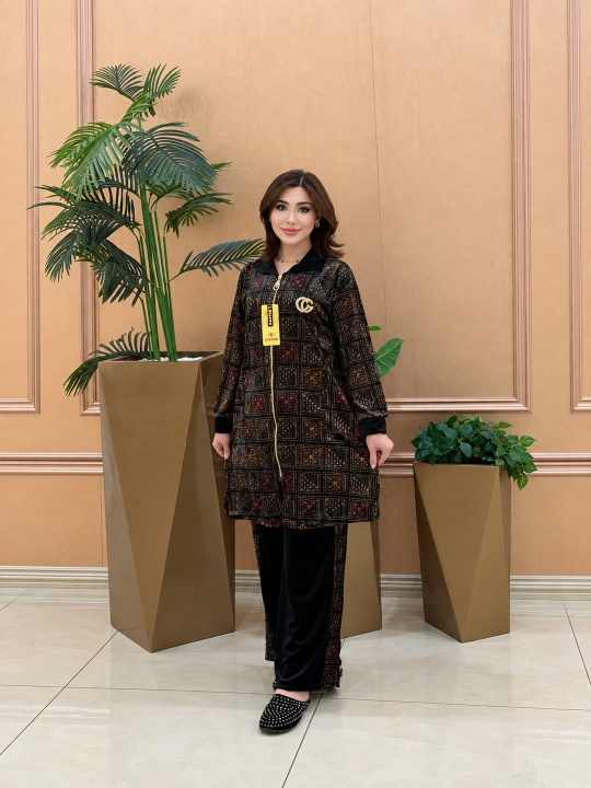 Женский костюм двойка из бамбука, удлинённая туника и брюки, Free size 48–58