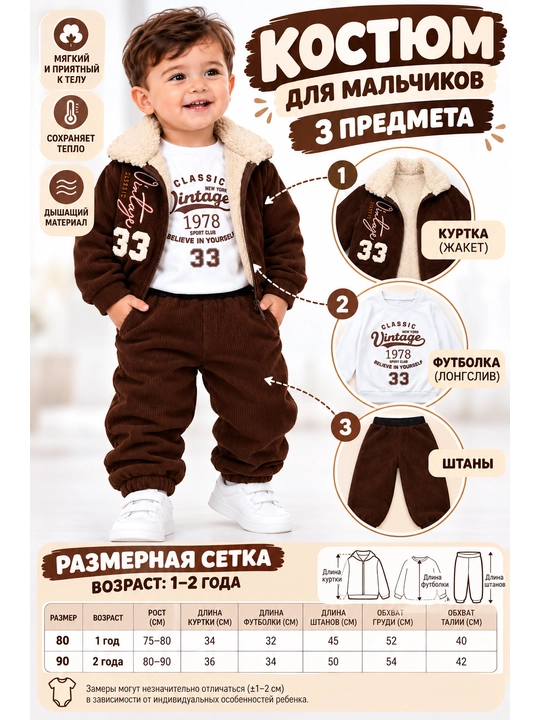 O‘g‘il bolalar uchun 3 qismli issiq velvet kostyum: kurtka, svitshot va shim, 1 – 2 yosh