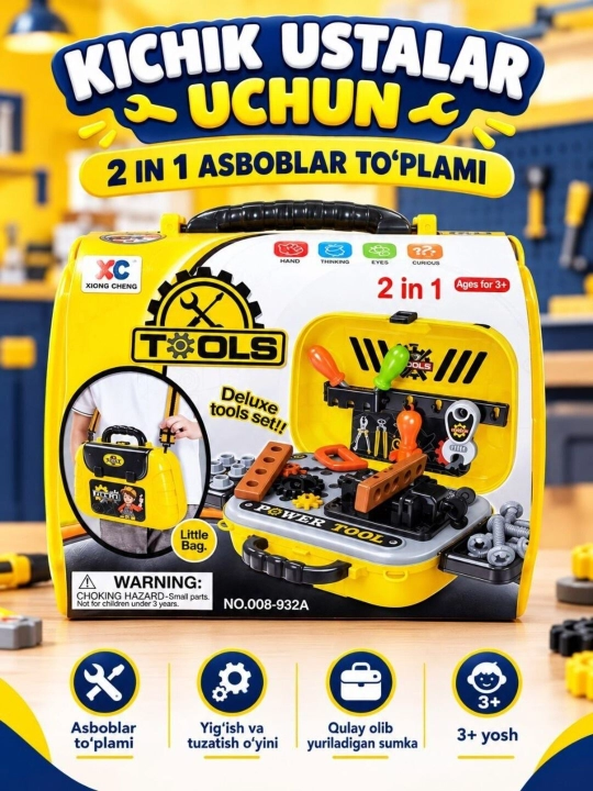 Bolalar uchun 2 tasi 1 da asboblar to‘plami, chamadonda, kichik ustalar uchun, 3+ - 