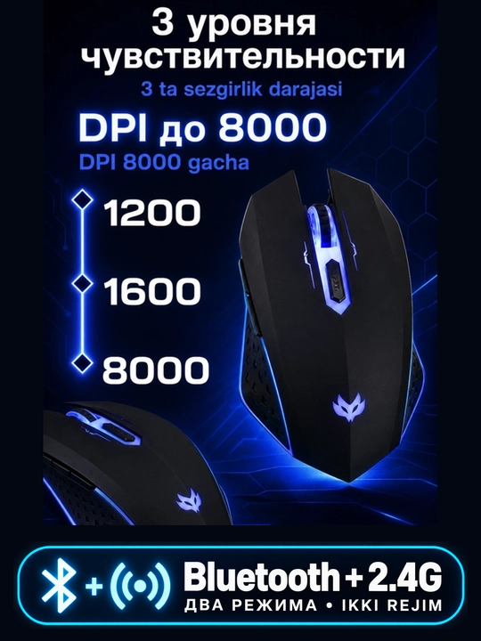 Simsiz o‘yin sichqonchasi TEMAREN PLUS, 2,4 GHz, 2400 DPI, RGB yoritish, 6 tugma, PC uchun