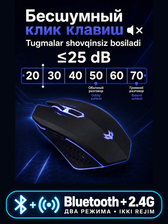 Simsiz o‘yin sichqonchasi TEMAREN PLUS, 2,4 GHz, 2400 DPI, RGB yoritish, 6 tugma, PC uchun