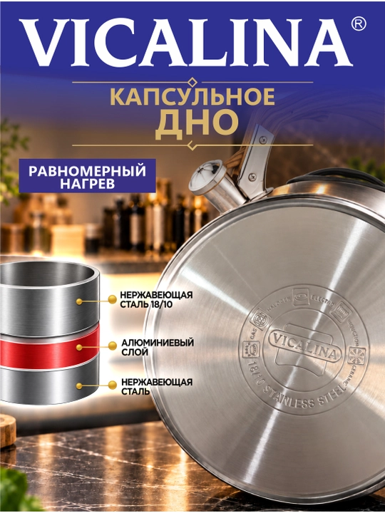 Чайник Vicalina, металлический, керамический, со свистком, для всех видов плит, 3.2 л