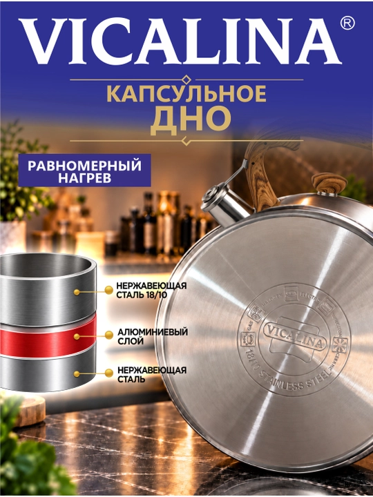 Чайник Vicalina, металлический, керамический, со свистком, для всех видов плит, 3.2 л