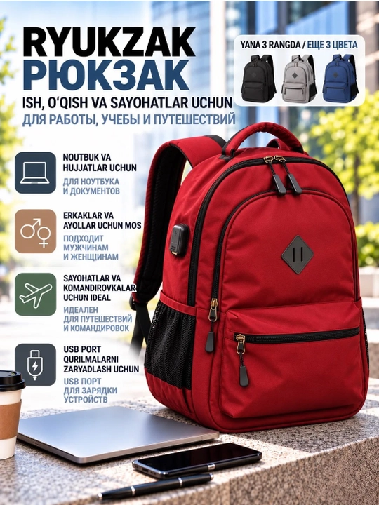 Maktab, o'qish, sport va sayohat uchun USB portli ko'p qirrali qora maktab ryukzagi. - 