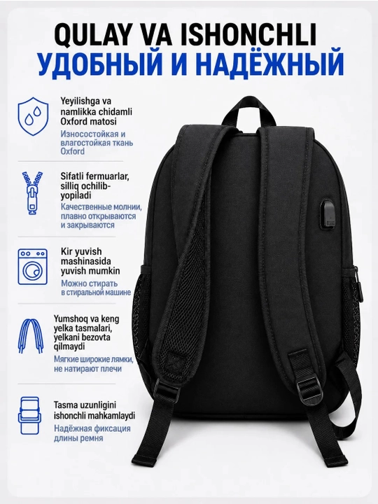 Maktab, o'qish, sport va sayohat uchun USB portli ko'p qirrali qora maktab ryukzagi.