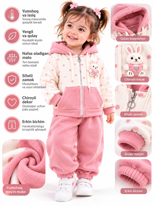 Тёплый комплект для девочки 1–2 лет: кофта с капюшоном и штаны с зайчиком - 