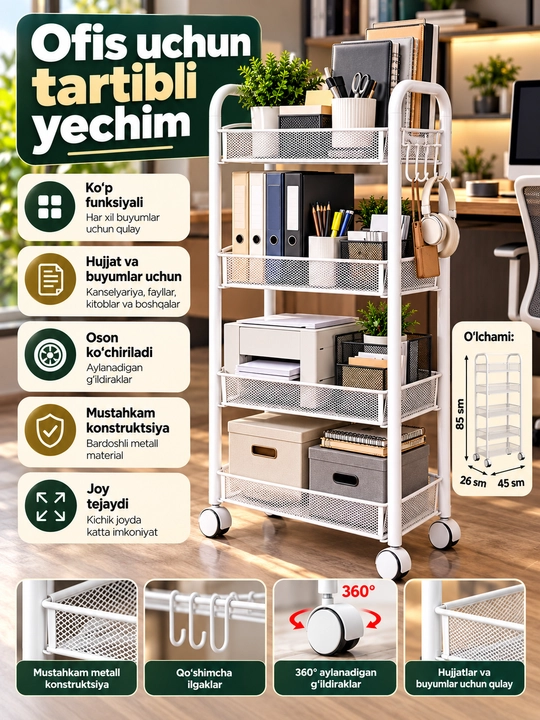 Metall tokcha, g‘ildirakli saqlash aravachasi, oshxona, hammom va uy uchun javon