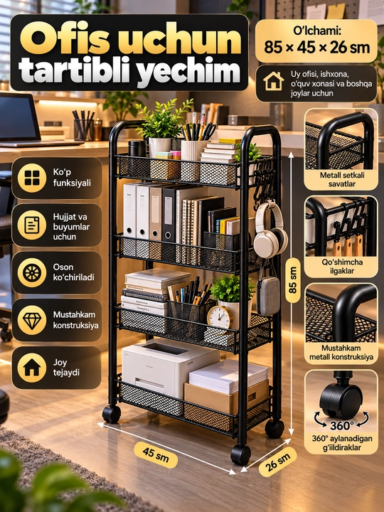 Metall tokcha, g‘ildirakli saqlash aravachasi, oshxona, hammom va uy uchun javon