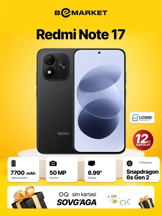 Redmi Note 17 smartfoni, 7700 mA/soat, 45 Vt, 6.99′′ 120 Hz