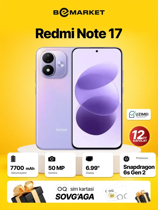 Redmi Note 17 smartfoni, 7700 mA/soat, 45 Vt, 6.99′′ 120 Hz
