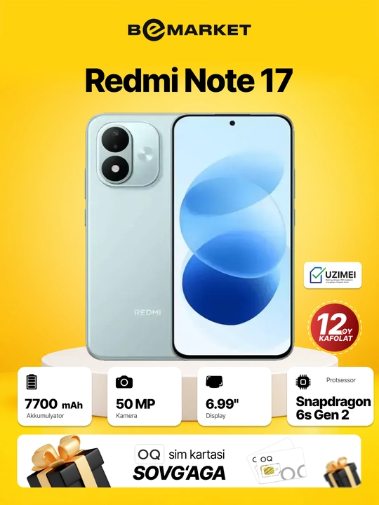 Redmi Note 17 smartfoni, 7700 mA/soat, 45 Vt, 6.99′′ 120 Hz