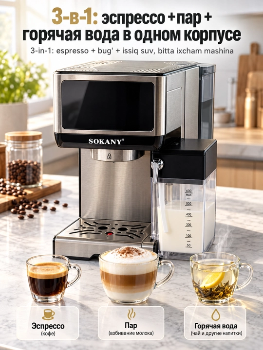 SOKANY SK-04042 yarim avtomatik espresso kofe mashinasi, sut ko'piklashtirgichli
