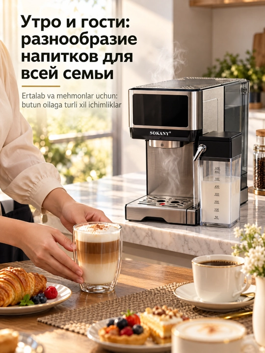 SOKANY SK-04042 yarim avtomatik espresso kofe mashinasi, sut ko'piklashtirgichli