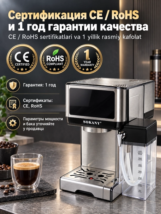 SOKANY SK-04042 yarim avtomatik espresso kofe mashinasi, sut ko'piklashtirgichli