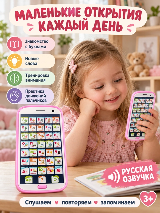 Детский обучающий телефон и планшет, русская озвучка, азбука, животные, сказки, игрушка