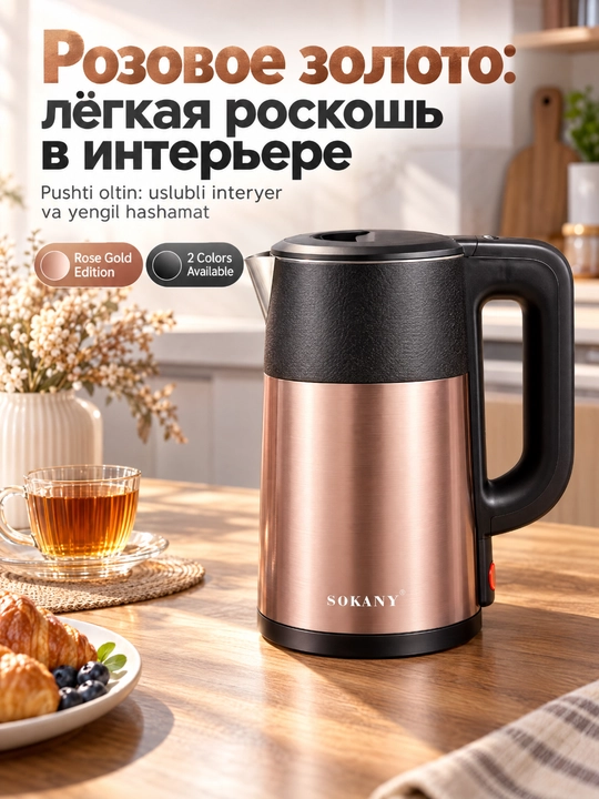 SOKANY SK-09016 elektr choynak 2,5 l, zanglamaydigan po'lat, avtomatik o'chish