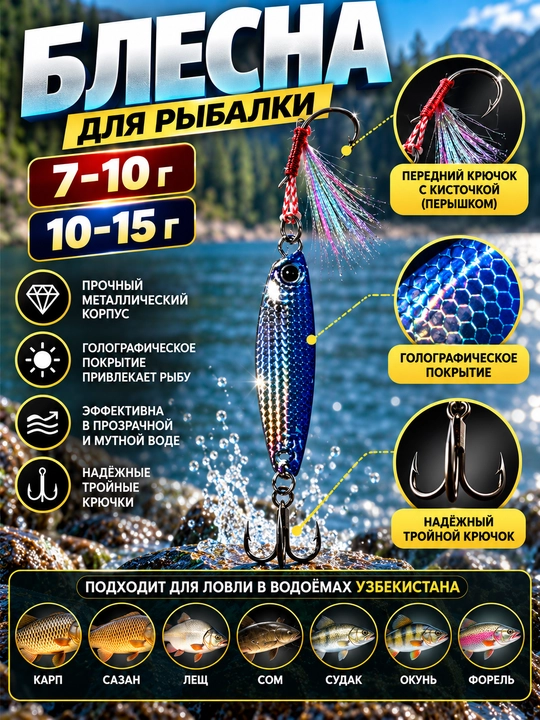 Блесна для рыбалки металлическая с тройными крючками, 7–15 г - 