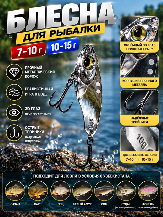 Блесна для рыбалки металлическая с тройными крючками, 7–15 г - 