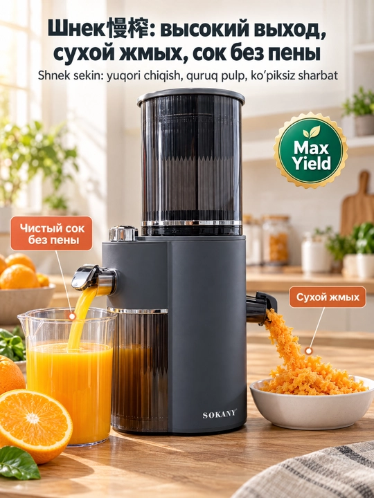 SOKANY SK-01002 sekin vintli sharbat chiqargich, 150 Vt, 76 mm keng og'iz