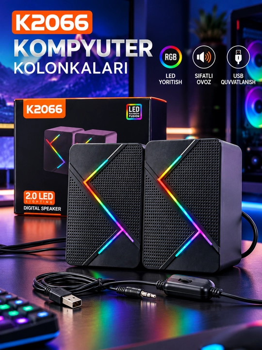 K2066 2.0 LED Kolonkalar RGB yoritishli kompyuter karnayi