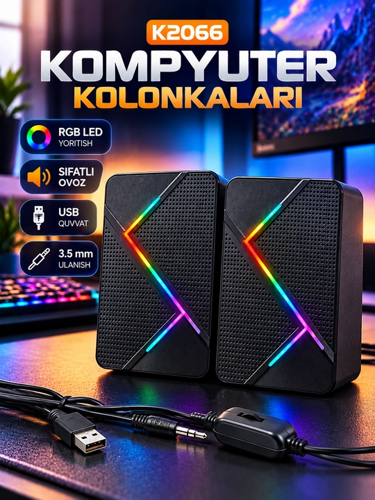 K2066 2.0 LED Kolonkalar RGB yoritishli kompyuter karnayi