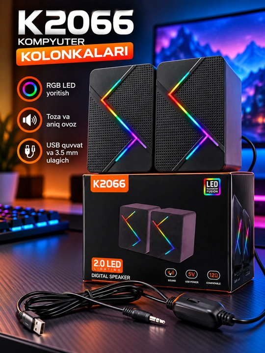 K2066 2.0 LED Kolonkalar RGB yoritishli kompyuter karnayi