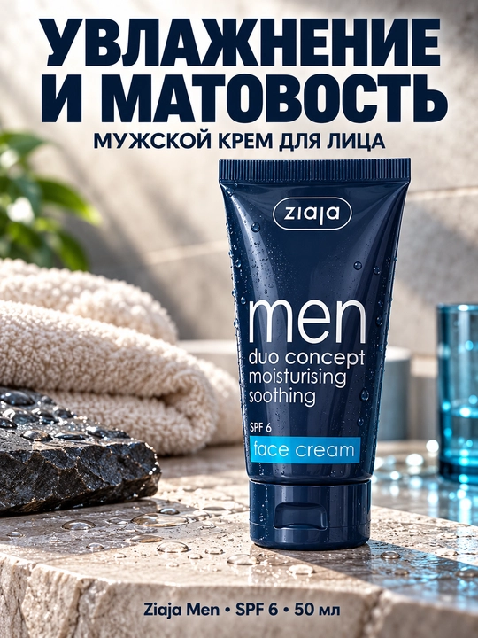 Erkaklar uchun yuz kremi Ziaja Men, namlantiruvchi, matlashtiruvchi, SPF 6, 50 ml