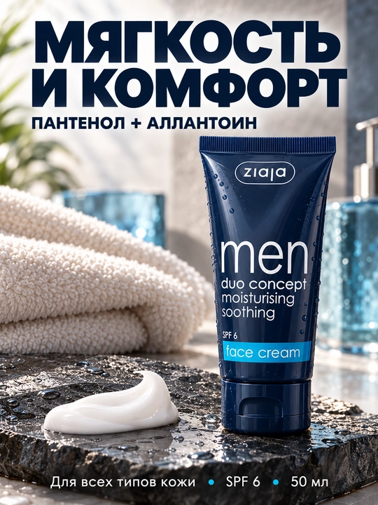 Erkaklar uchun yuz kremi Ziaja Men, namlantiruvchi, matlashtiruvchi, SPF 6, 50 ml