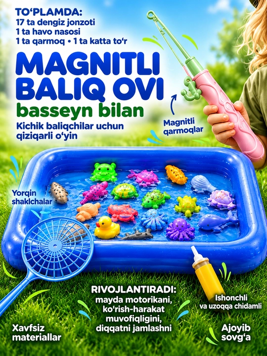 Bolalar uchun qarmoq va baliqlar bilan magnitli baliq ovlash, bolalar uchun rivojlantiruvchi o‘yin - 