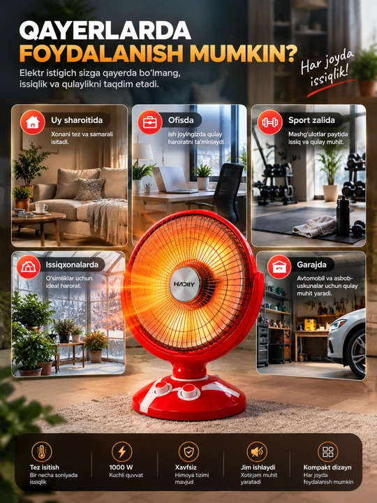 Elektr infraqizil isitgich 1500 Vt — 2 daraja, 25 m² gacha, aylanadigan