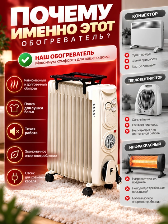 NIKAI moyli isitgichi, termo-puflanadigan pech + quritgich, 13 ta qovurg‘a, 30 kv.m gacha