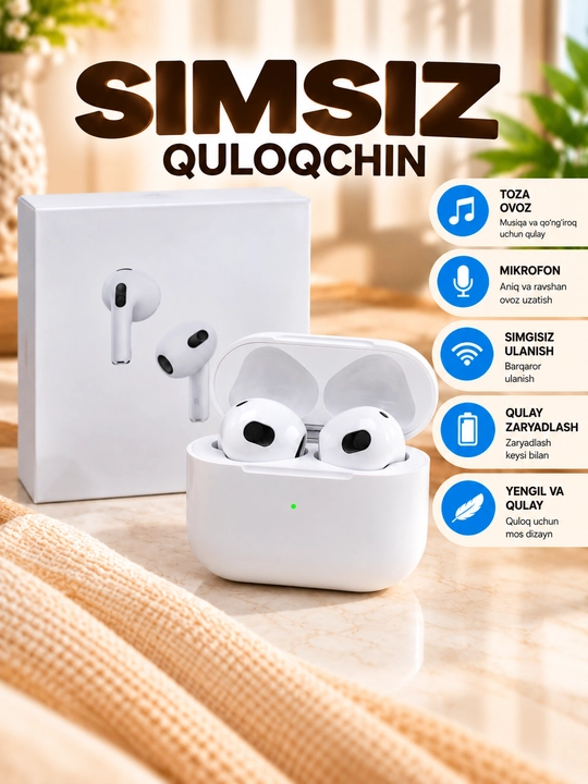Simsiz Bluetooth quloqchinlar, mikrofonli, zaryadlash qutisi bilan, oq rang - 
