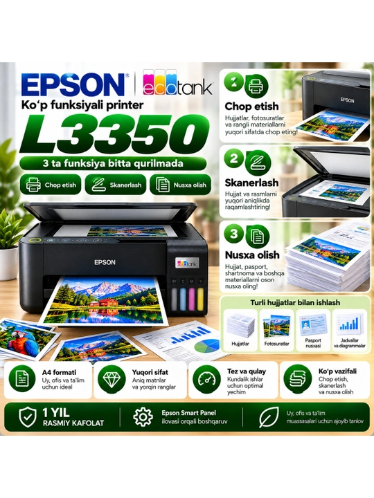 Epson L3350 rangli printer, uy va ofis uchun