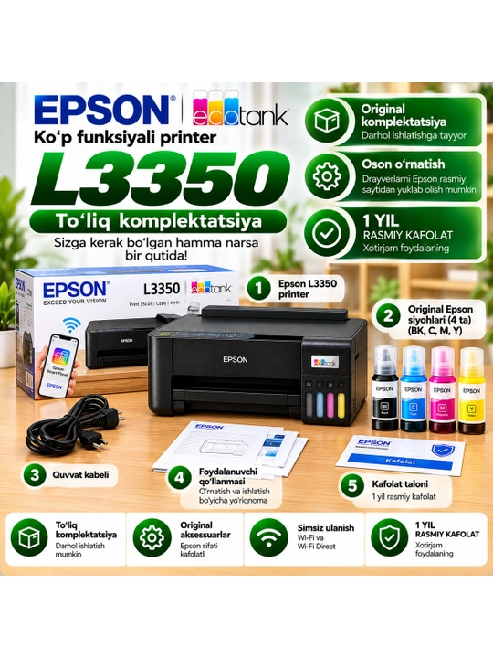 Epson L3350 rangli printer, uy va ofis uchun
