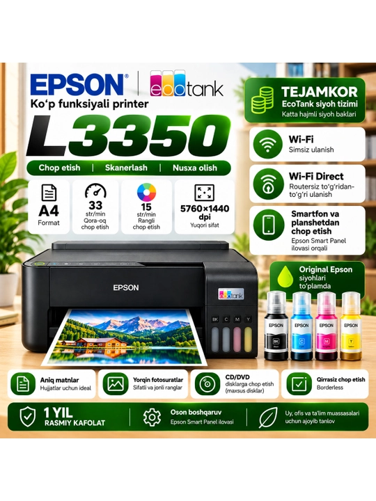 Epson L3350 rangli printer, uy va ofis uchun