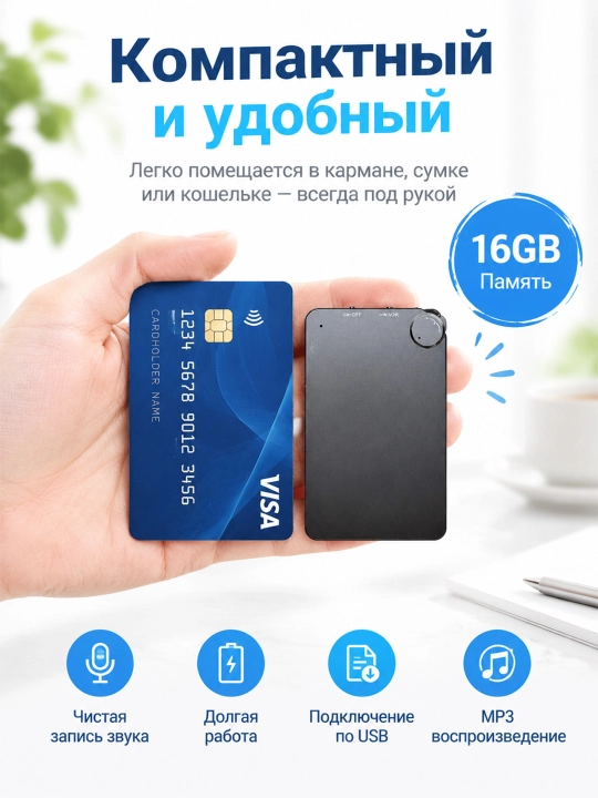 Mini diktofon DVR-15, ovoz, ma’ruzalar yozib olish va tinglash uchun, 8/16 GB - 